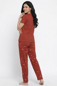 Zivame Farm Lore Knit Cotton Pyjama Set - Burnt Brick — thumbnail 2